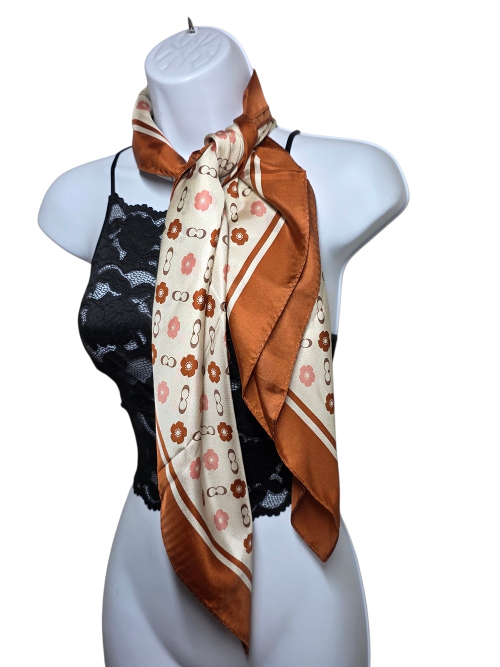 Coach Women's Scarf with Floral Print in Brown and Cream, Silk-Effect - Picture 2 of 13
